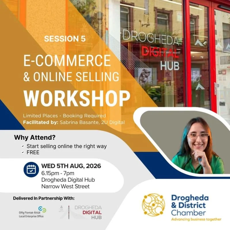 Cartel del taller de E-Commerce y Venta Online de Digitise Drogheda (Sesión 5) con Sabrina Basante de 2U Digital, Drogheda Digital Hub, 5 de agosto de 2026