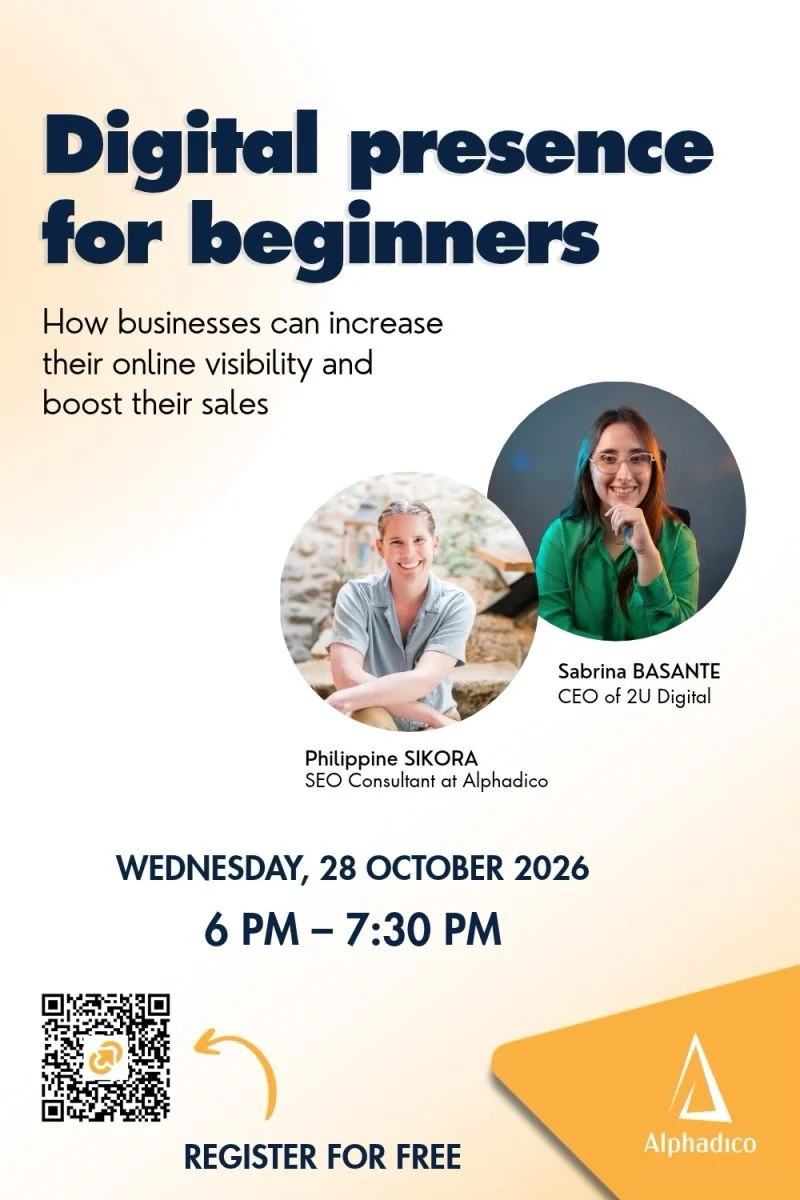 Digital Presence for Beginners poster: 28 October 2026, 6 to 7:30 PM, The Mill Enterprise Centre Drogheda, with Sabrina Basante and Philippine Sikora, free registration by QR code